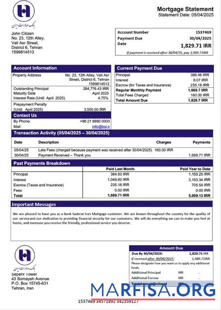 Blank Iran Bank Saderat Iran mortgage statement Word and PDF template